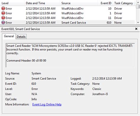 event 610 smart card service|communication error with smart card.